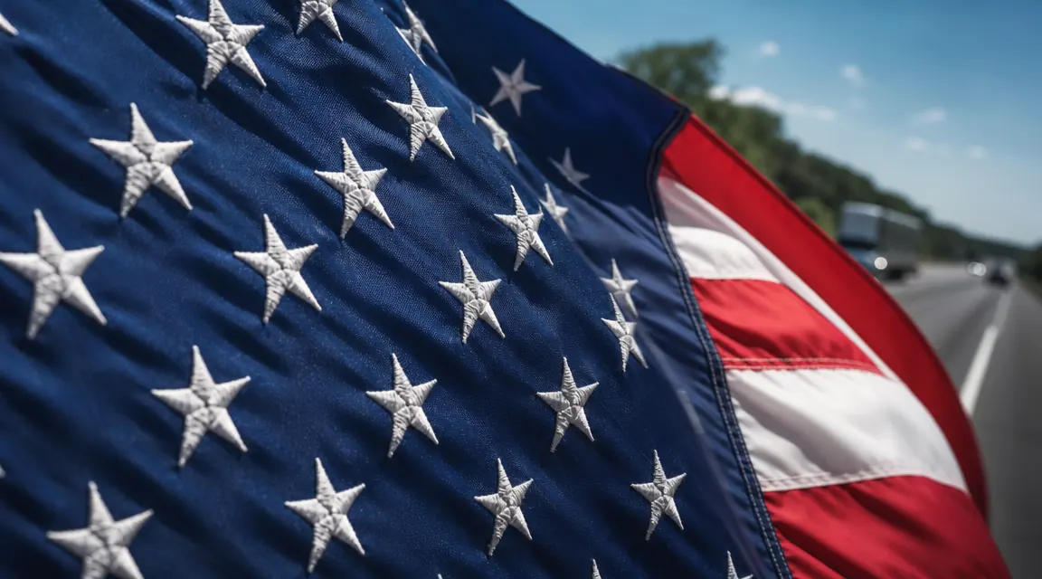 Close-up of embroidered stars on an American flag flying from a semi truck at highway speed