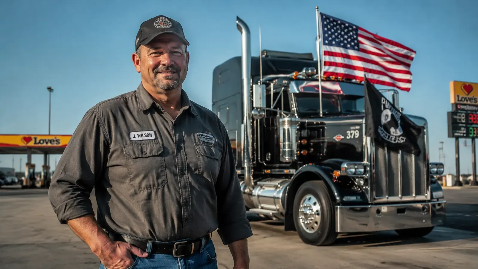 Owner-operator trucker standing beside his rig with the flag kit fully installed, thumbs up