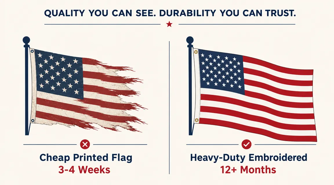 Side-by-side comparison chart showing cheap printed flag fraying versus embroidered flag intact after highway miles