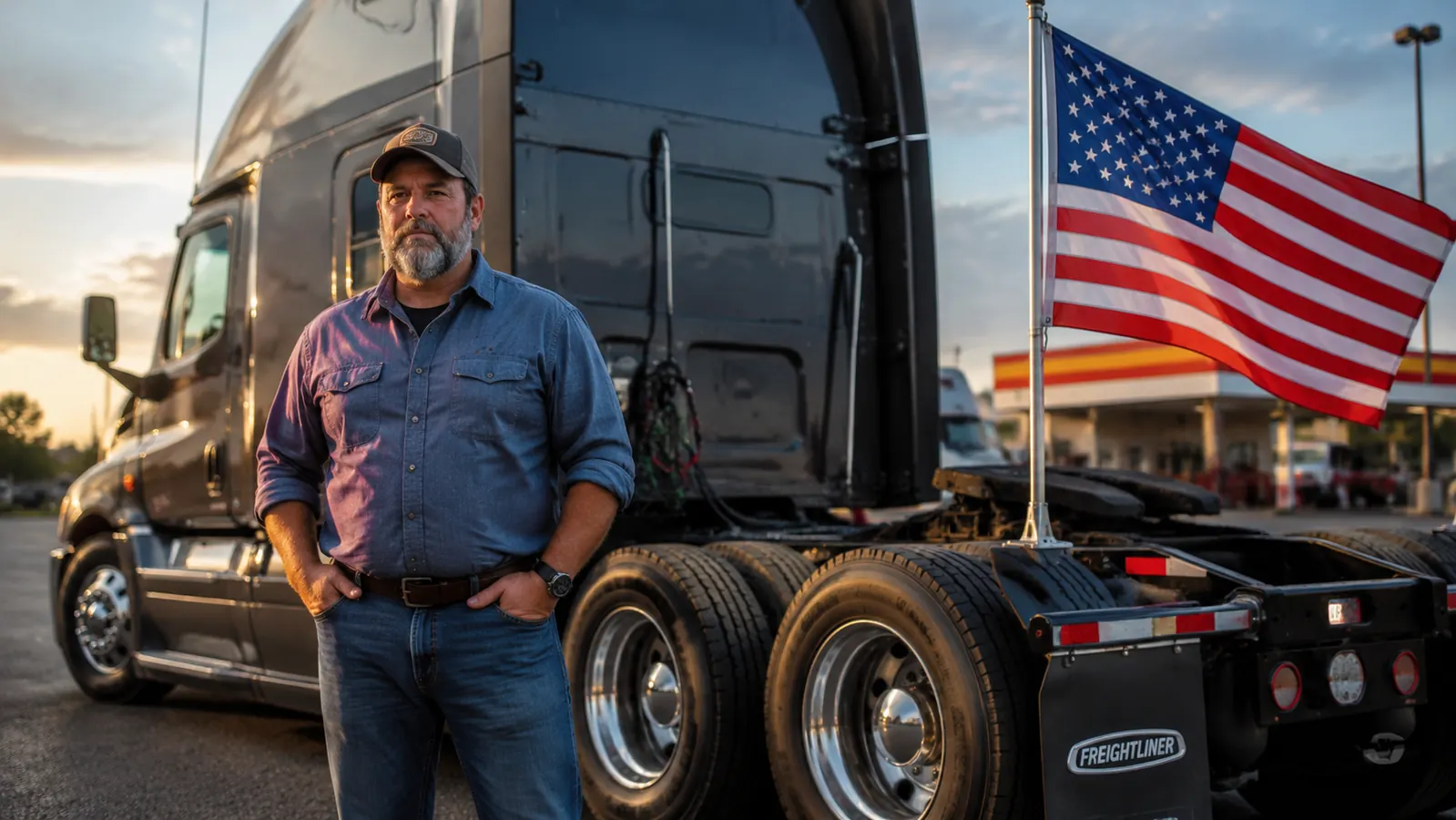 Trucker standing beside his Freightliner semi with an American flag on a hitch mount flagpole, truck stop in the background