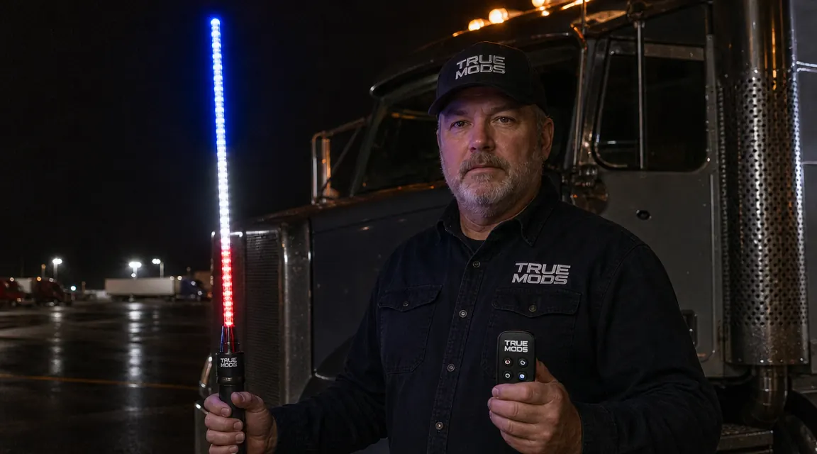 Trucker using a small RF wireless remote to change LED whip light colors while sitting in cab at a truck stop at night