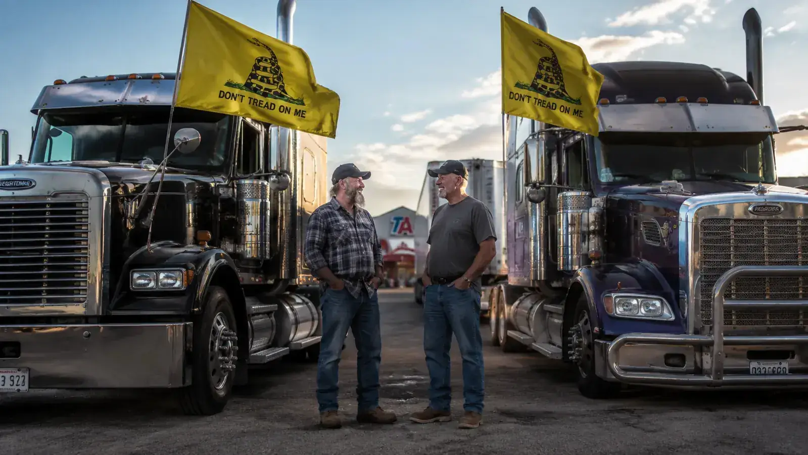 Trucker and fellow driver at a truck stop both displaying Don't Tread on Me flags on their rigs, exchanging a wave