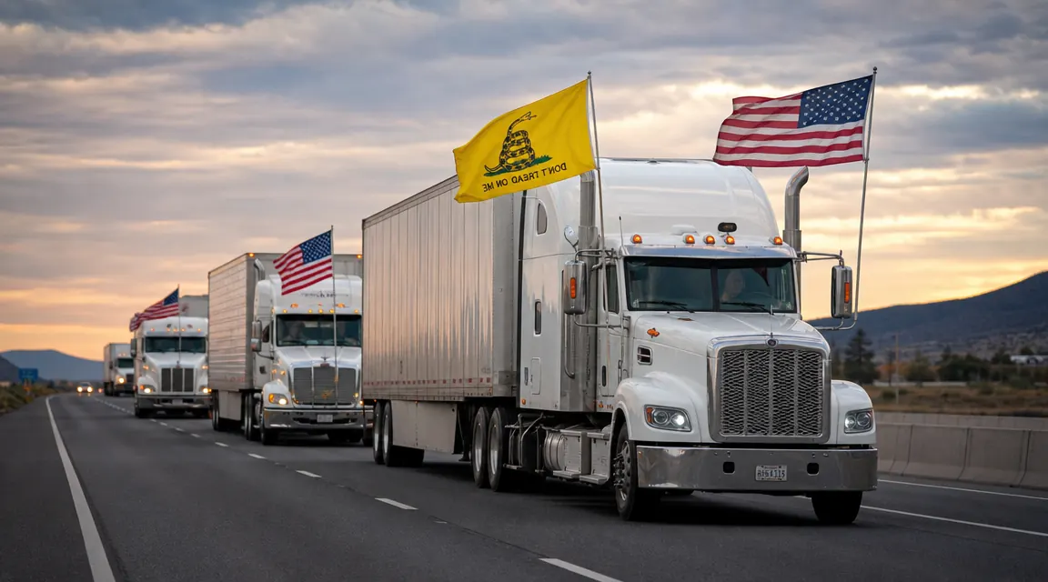 Convoy of semi trucks on an interstate, multiple rigs flying flags including Gadsden and American flags