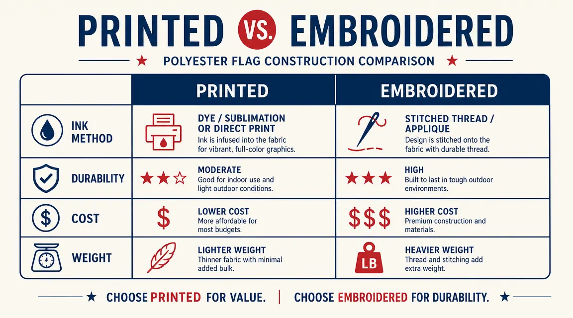 Side-by-side comparison chart showing printed flag vs embroidered flag construction layers