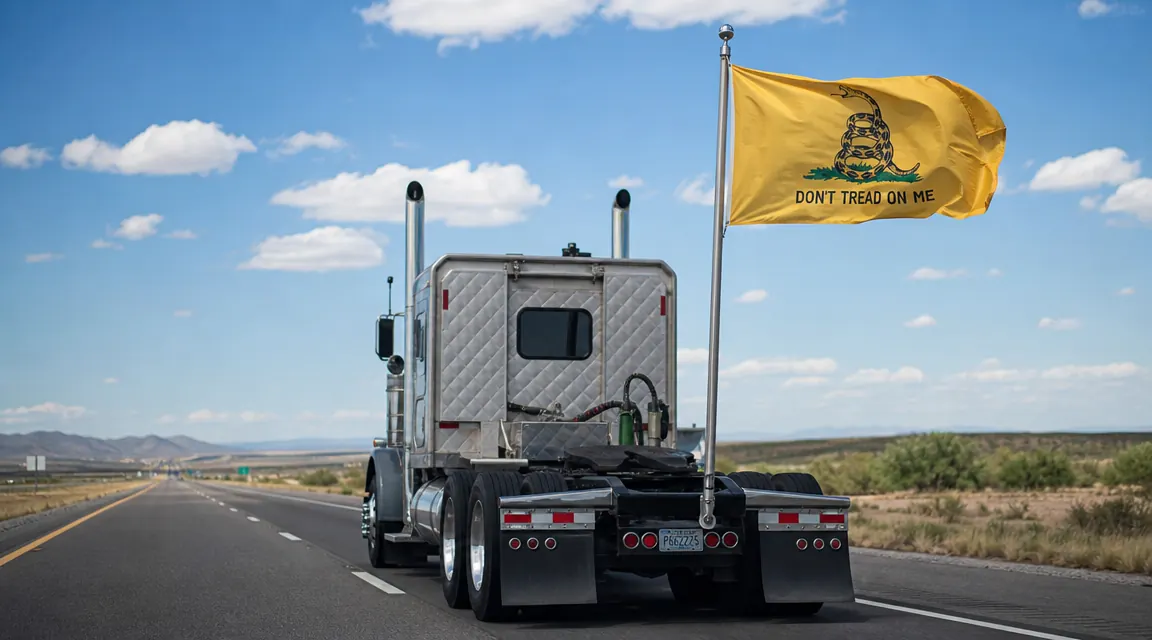 Anley Gadsden flag attached to a flagpole mounted on a semi truck cab, visible from behind the rig at highway speed