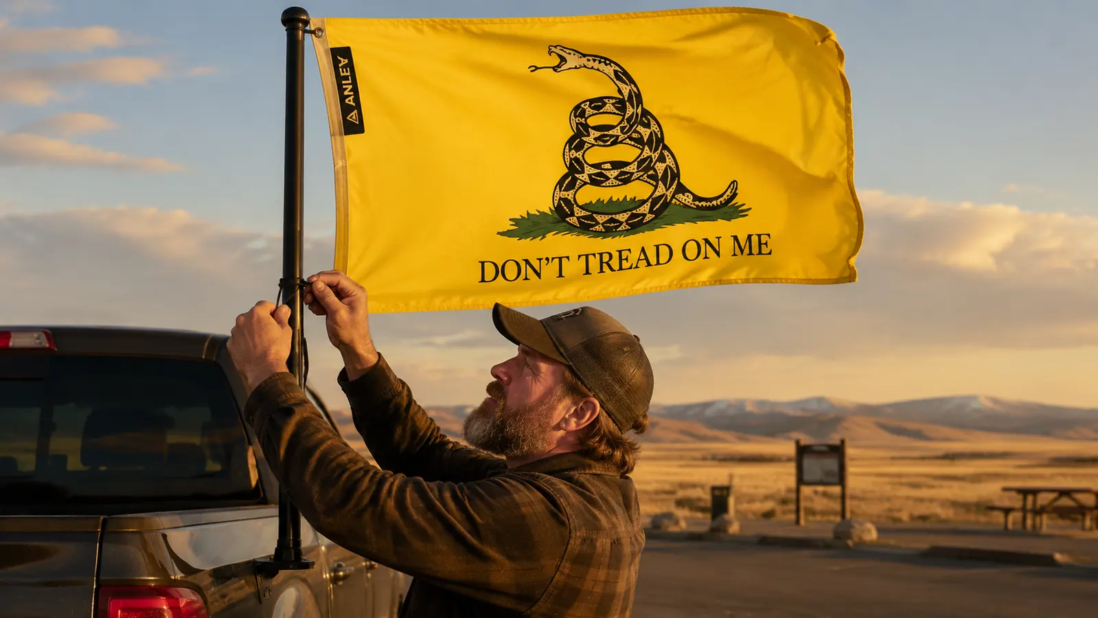Anley Gadsden flag mounted on a semi truck hitch flagpole at a rest stop, fully extended in the wind