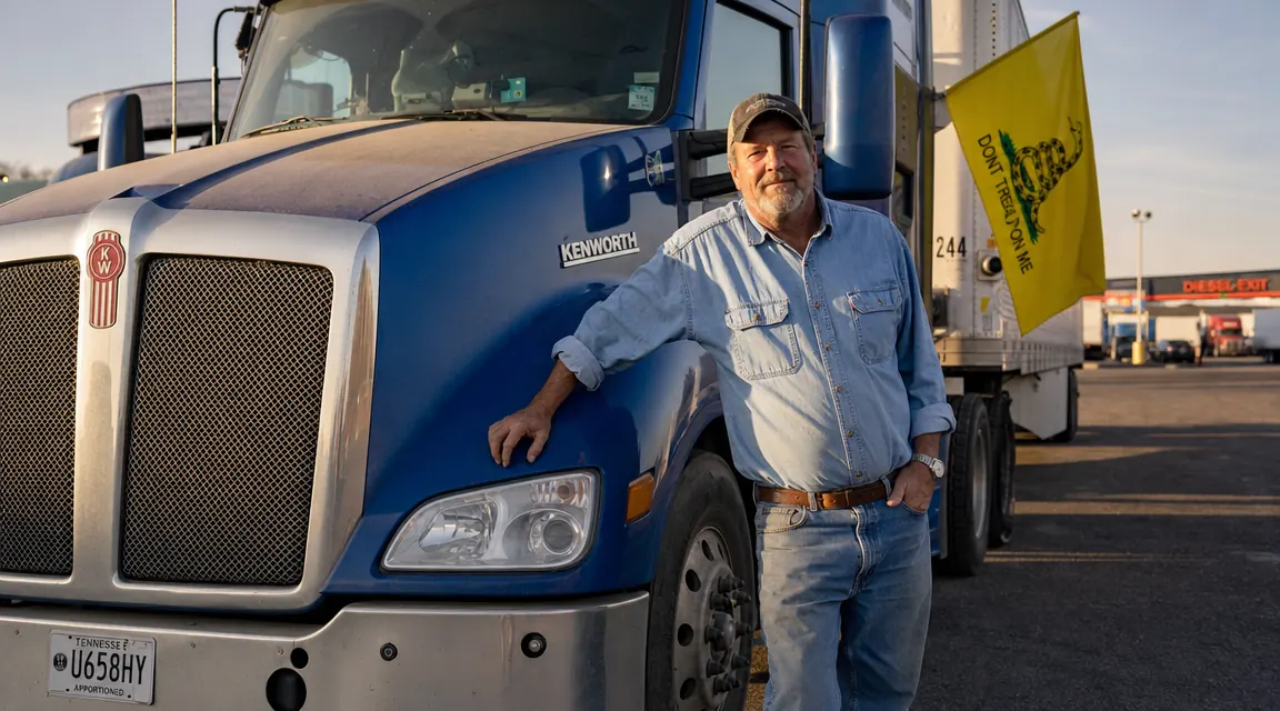 OTR trucker standing next to his semi truck at a truck stop with a Gadsden flag visible on the rig