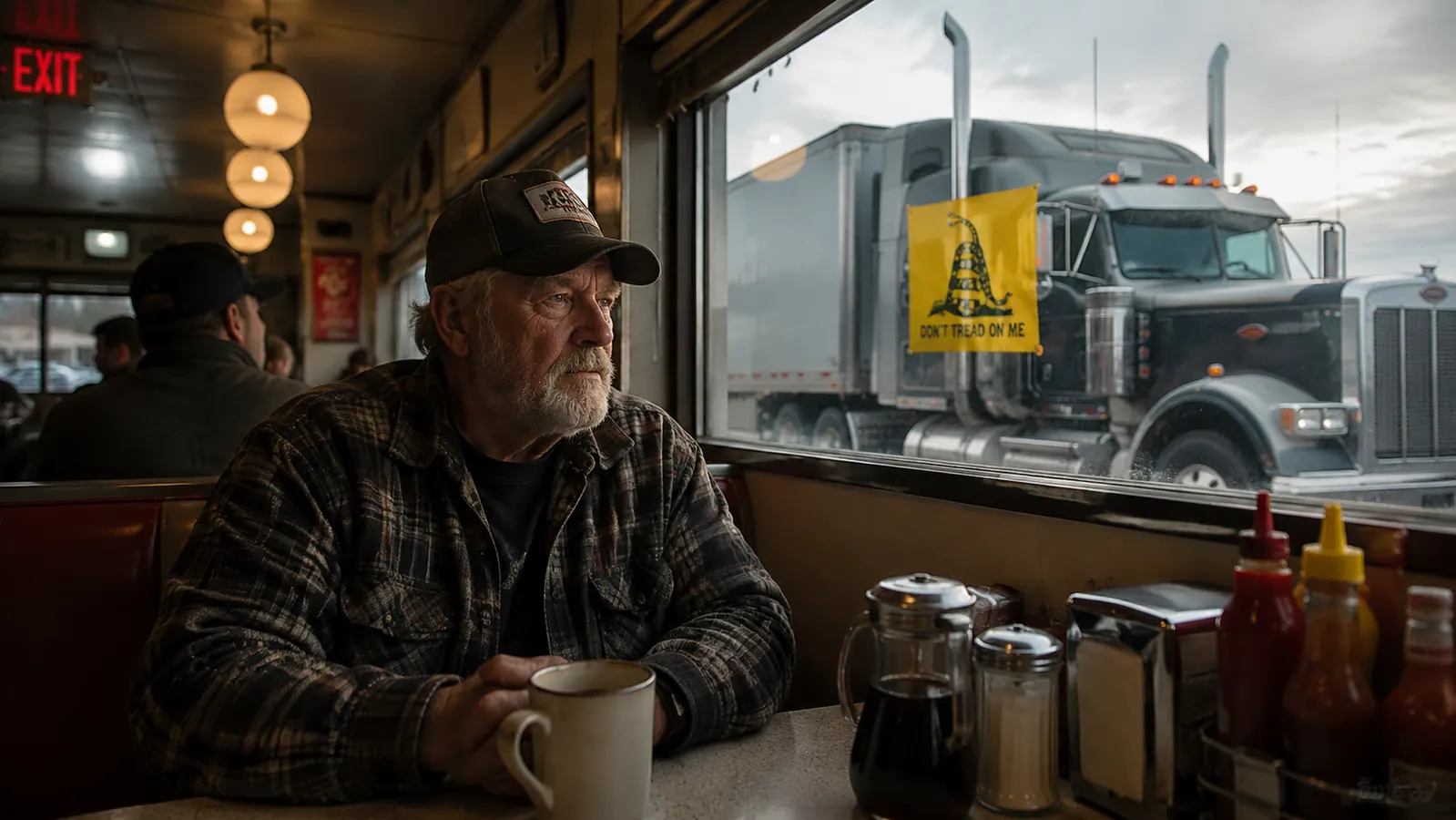 Trucker in a diner booth looking out a window at his parked rig with flags visible on the back