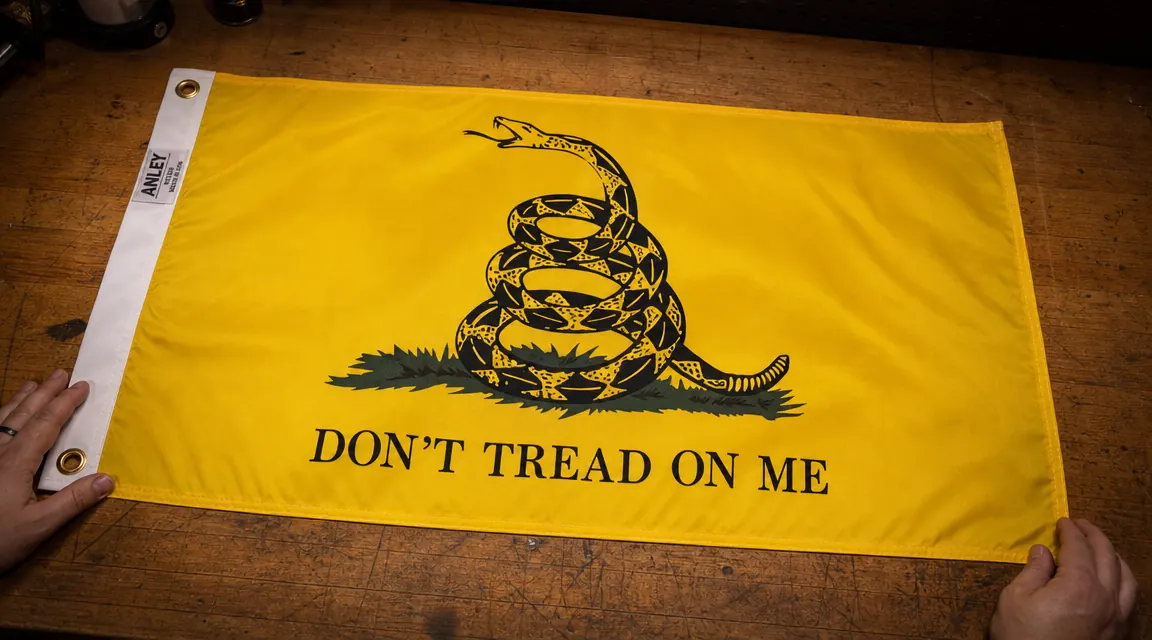 Close-up of the Anley Don't Tread on Me flag showing the double-stitched edges and canvas header with brass grommets