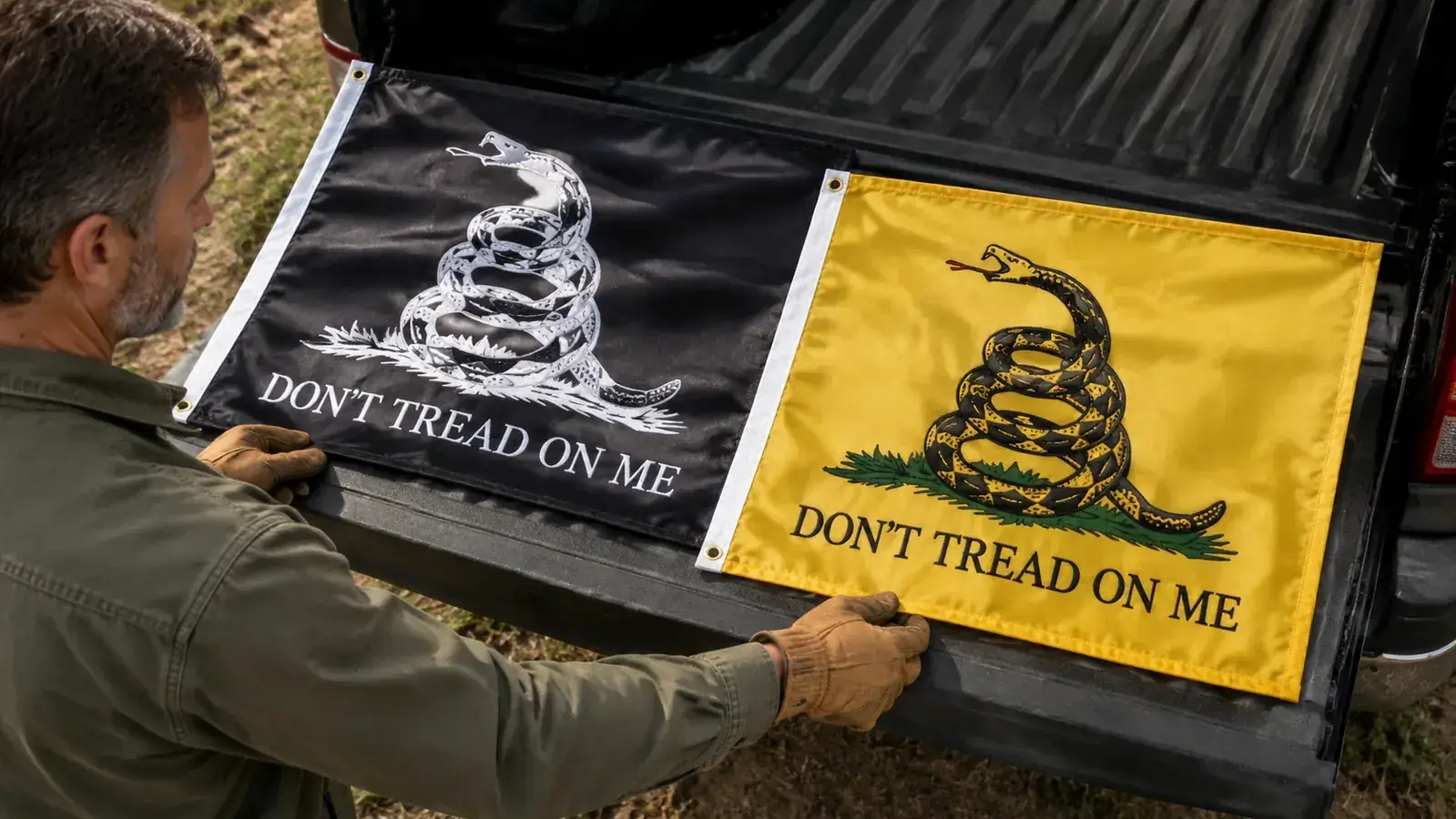 Trucker clipping the Anley DTOM flag grommet onto a flagpole mount at the rear corner of a cab