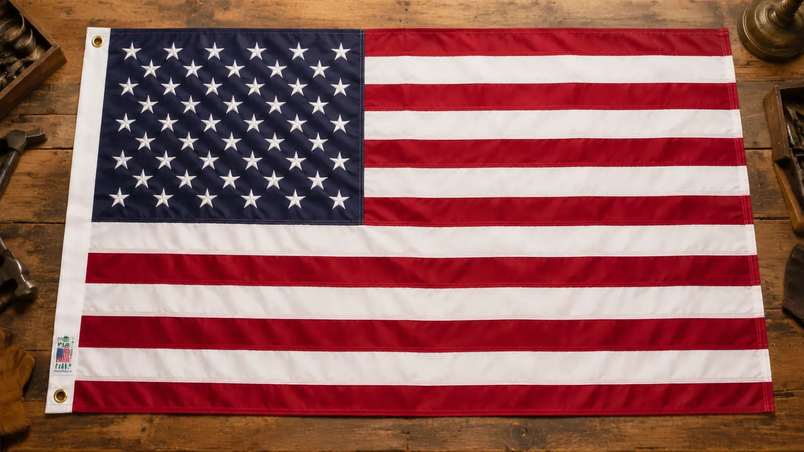 Close-up of the Evergreen Flag embroidered stars and heavy canvas header with brass grommets, held in a weathered hand in a truck cab
