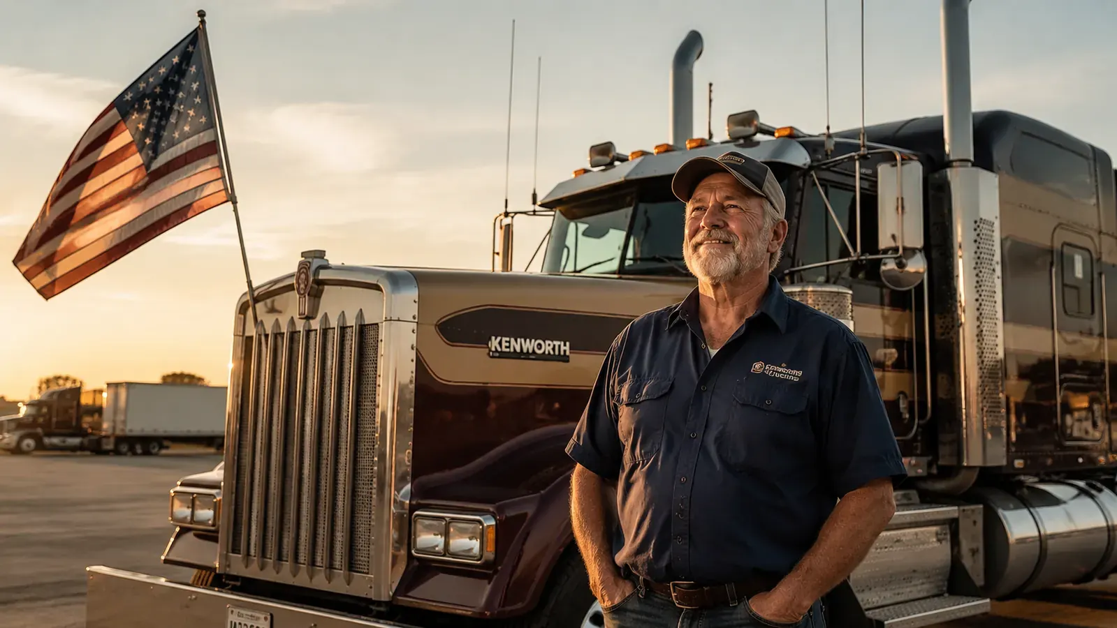 Trucker standing next to his rig with an American flag mounted on the hitch receiver, flag fully extended in the wind