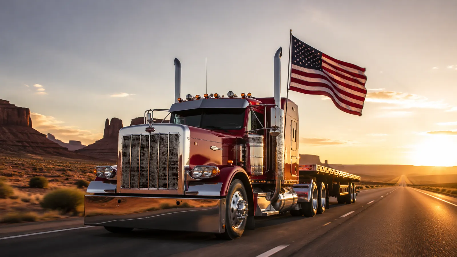 American flag flying from the rear of a Peterbilt semi truck on an open highway at golden hour