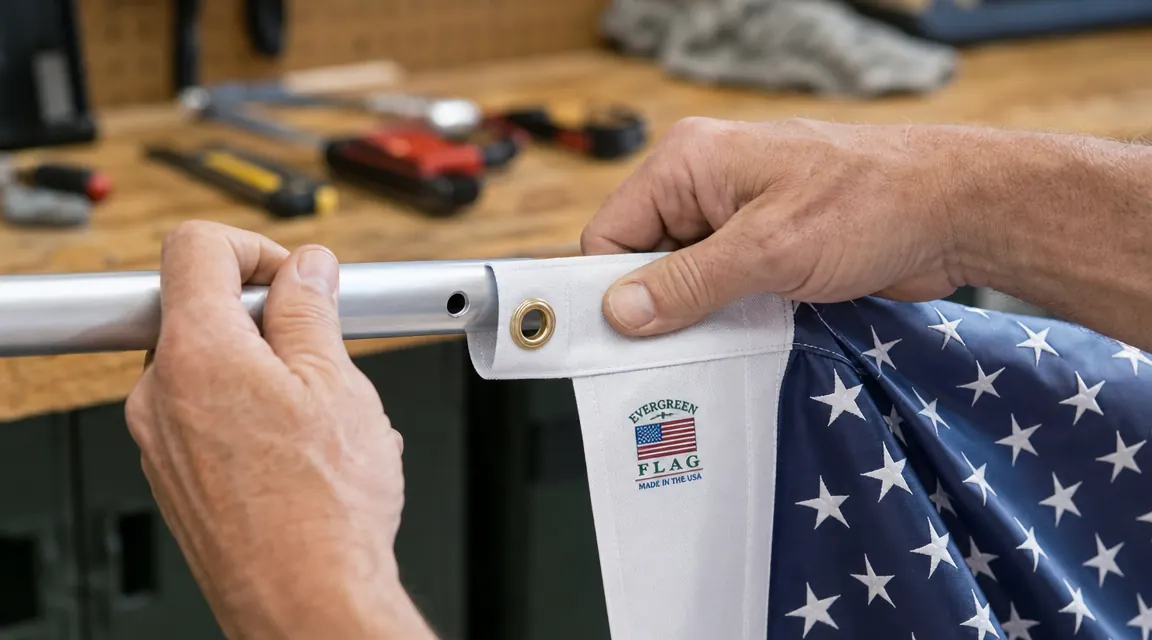 Close-up of two brass grommets on a 3x5 American flag with a stainless steel clip attached