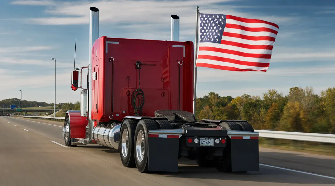 American flag on a semi truck still flying cleanly after a long highway run, no fraying on the edges