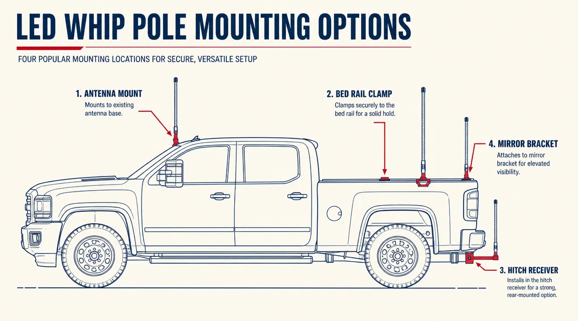 Diagram showing four mounting locations on a semi truck for an LED whip pole: mirror bracket, antenna mount, hitch receiver, and bed rail clamp