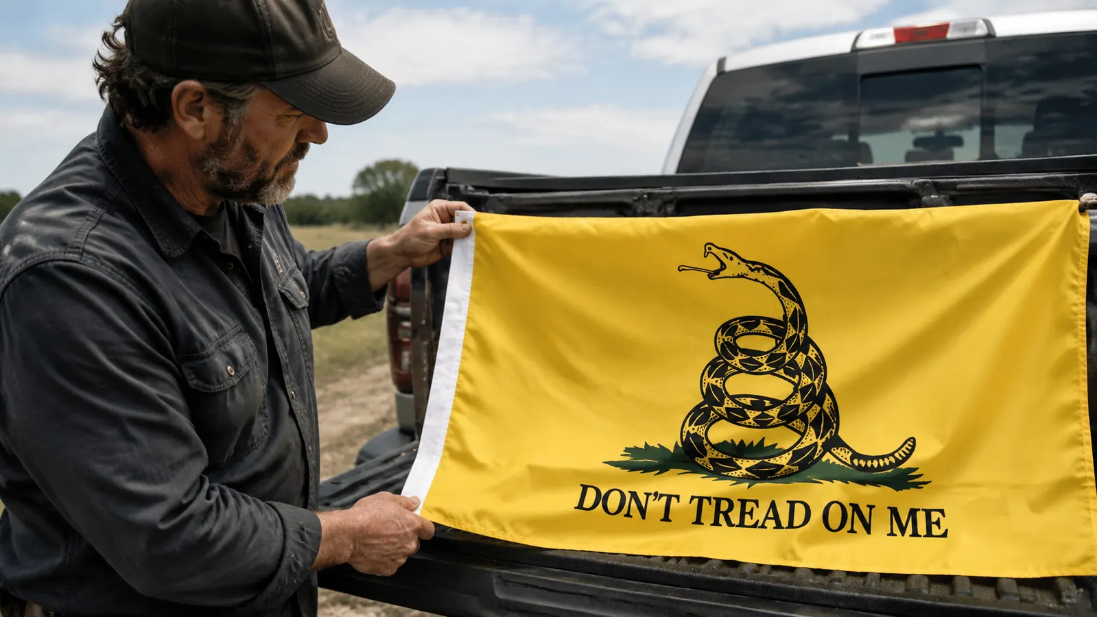 Anley Don't Tread on Me flag mounted on a flagpole at the back of a semi truck cab at a truck stop