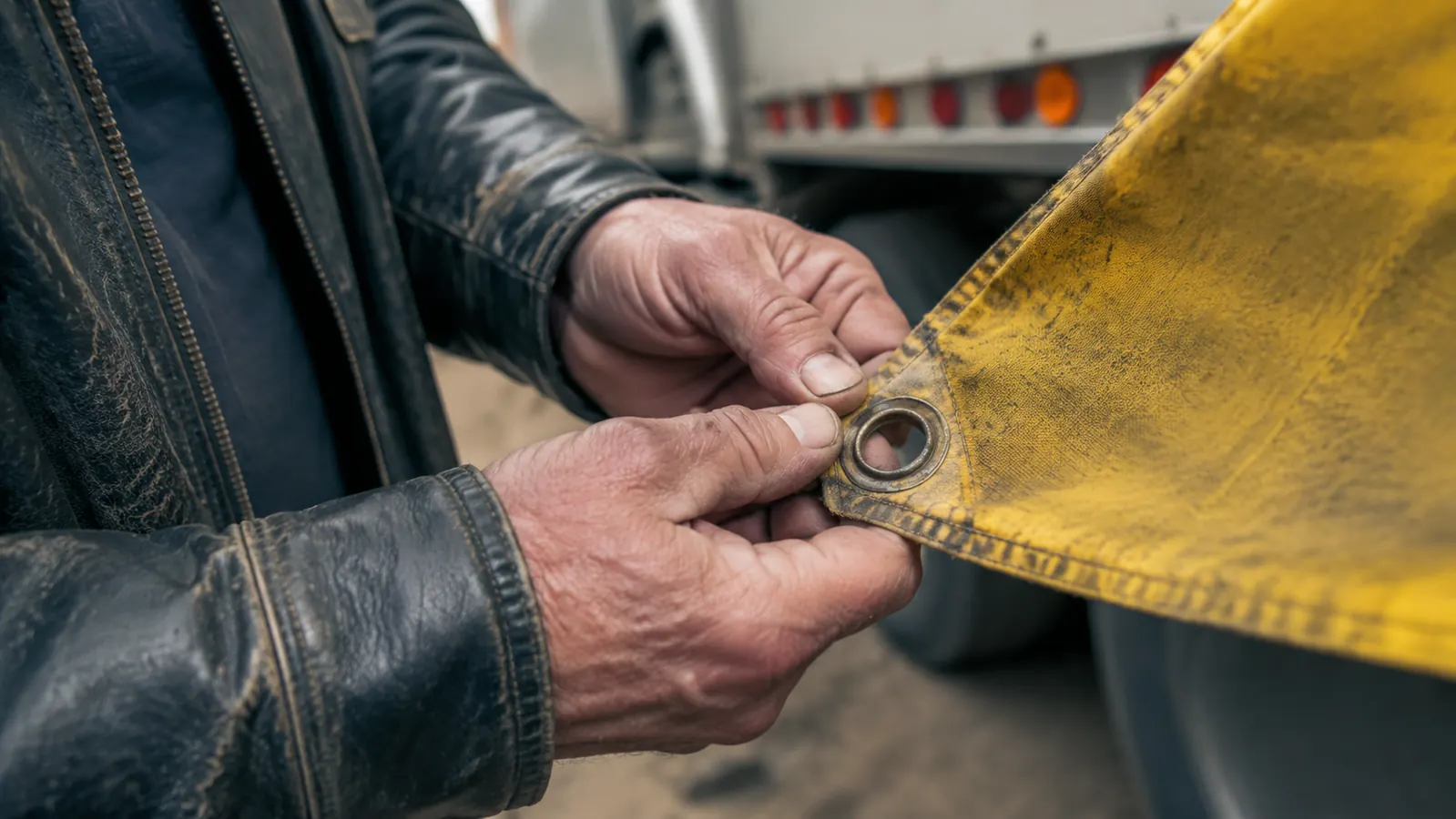 Trucker inspecting flag grommets with a finger checking for rust along the grommet ring
