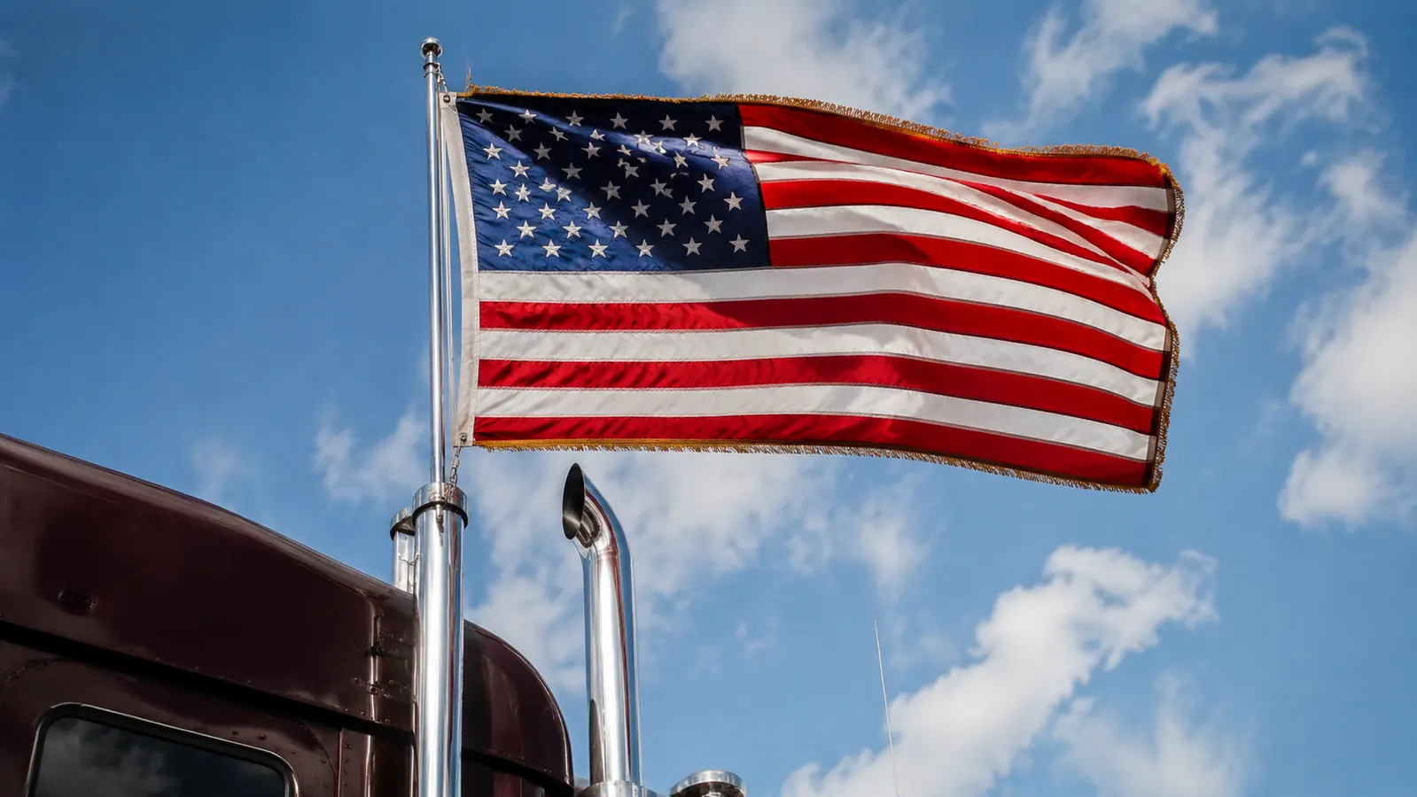 American flag clipped to the top section of a flagpole on a big rig, billowing in highway wind