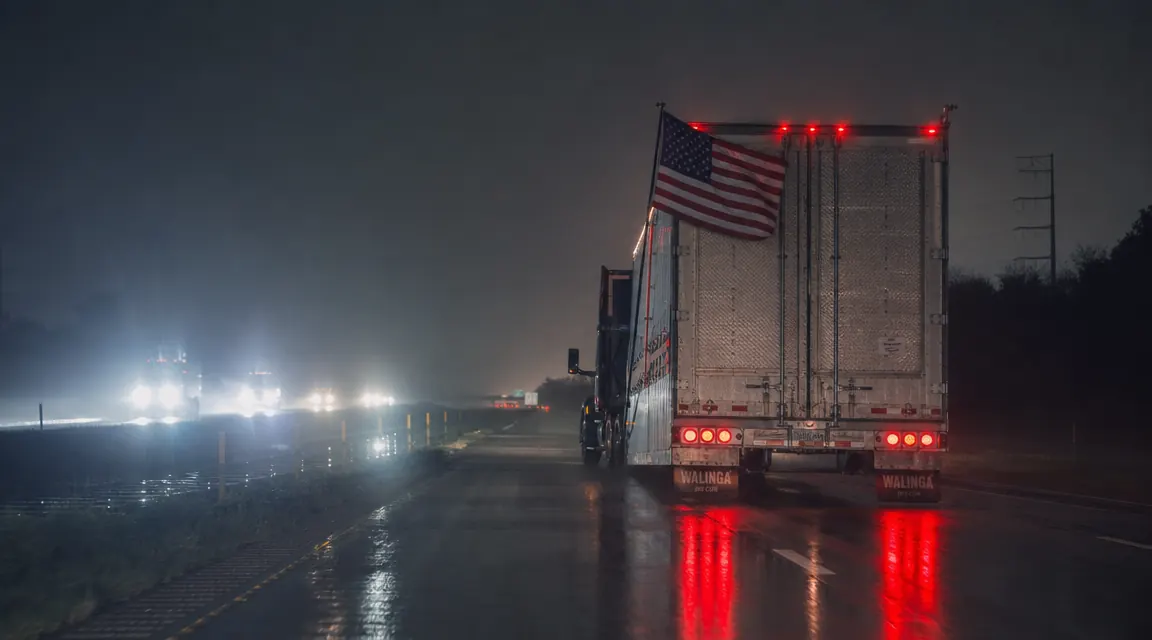 Semi truck driving on a rainy night interstate with an American flag still flying from the pole mount, headlights reflecting on wet asphalt
