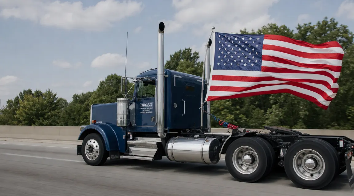 American flag flying at highway speed from a semi truck, showing full extension in wind