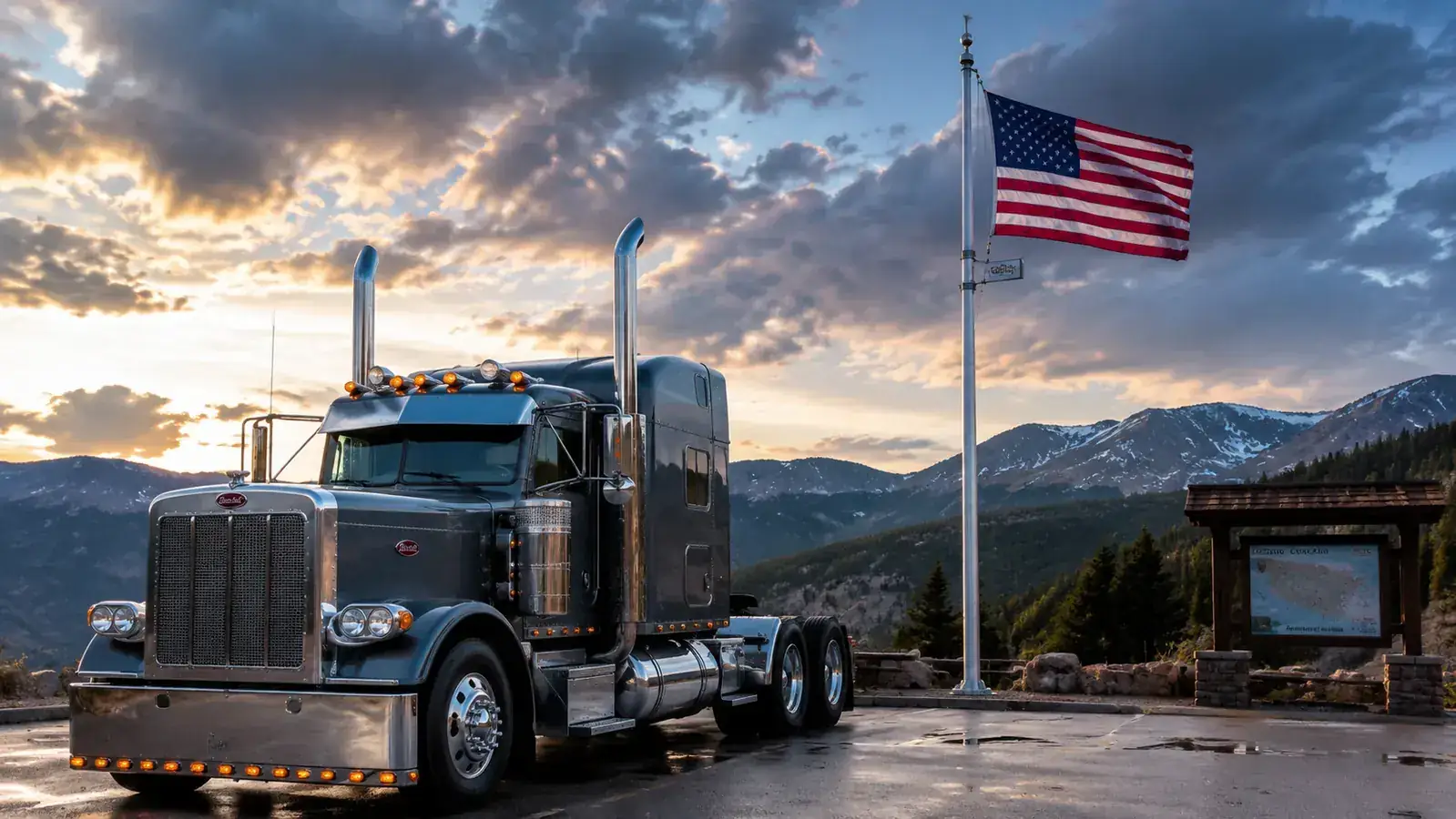 Hands unpacking a flag kit box on the tailgate of a truck, flagpole sections and a folded American flag laid out on a work surface