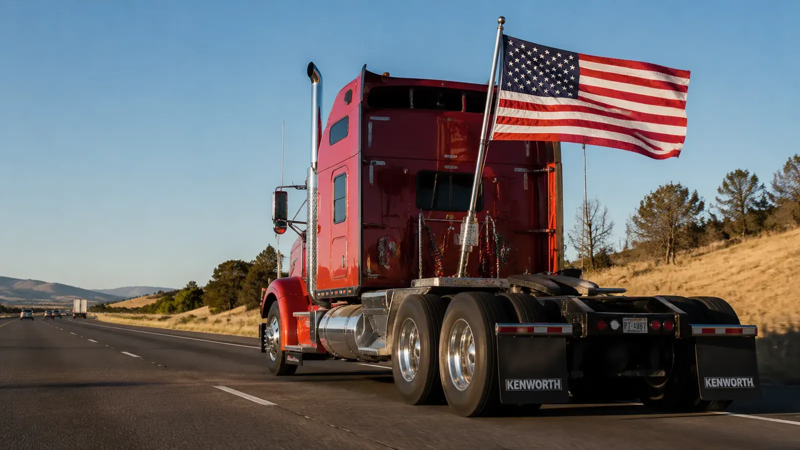 American flag flying from the rear of a semi truck cab on a highway, bright blue sky