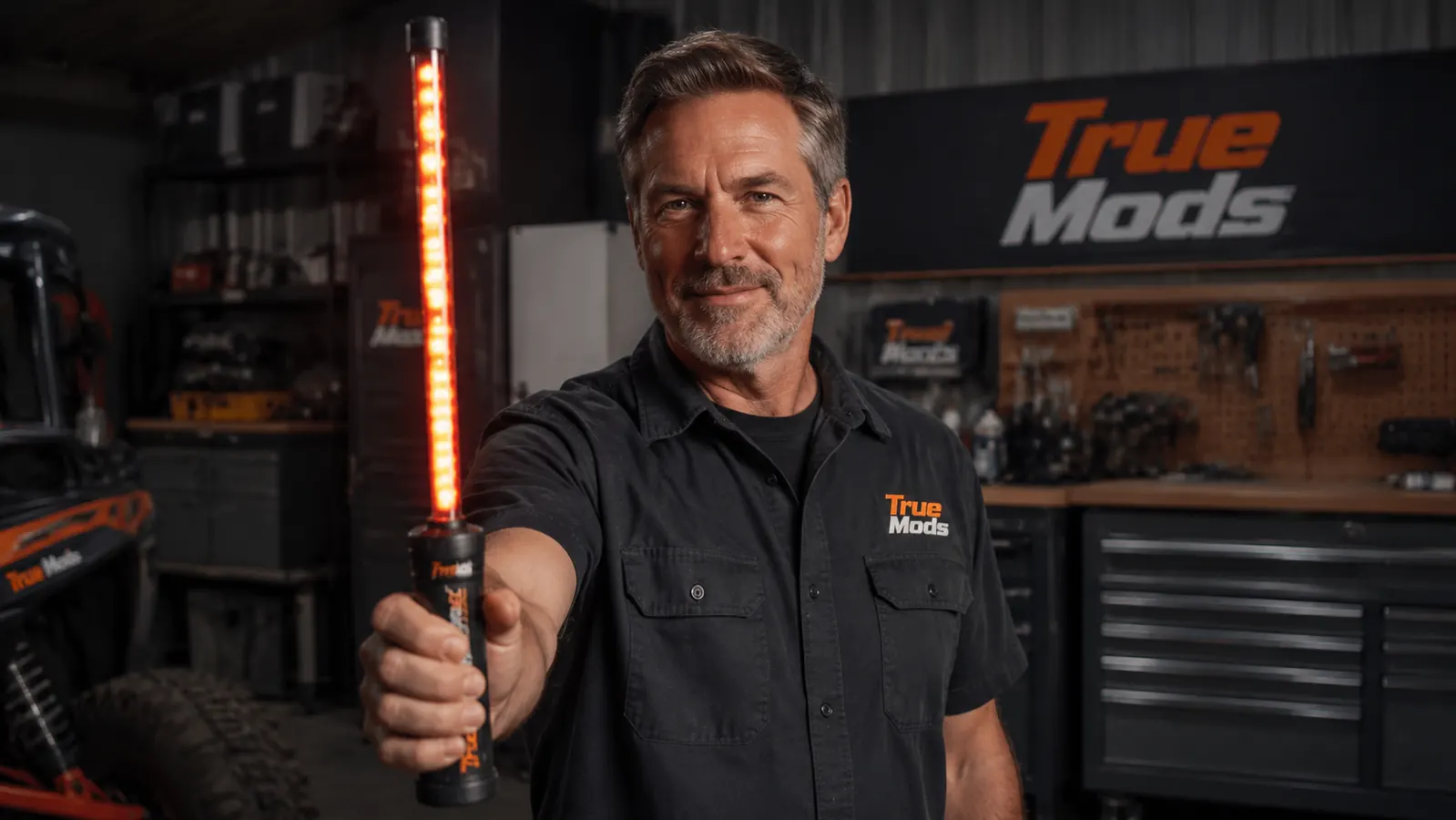 RF wireless remote control for LED whip light held in a trucker's hand inside a cab