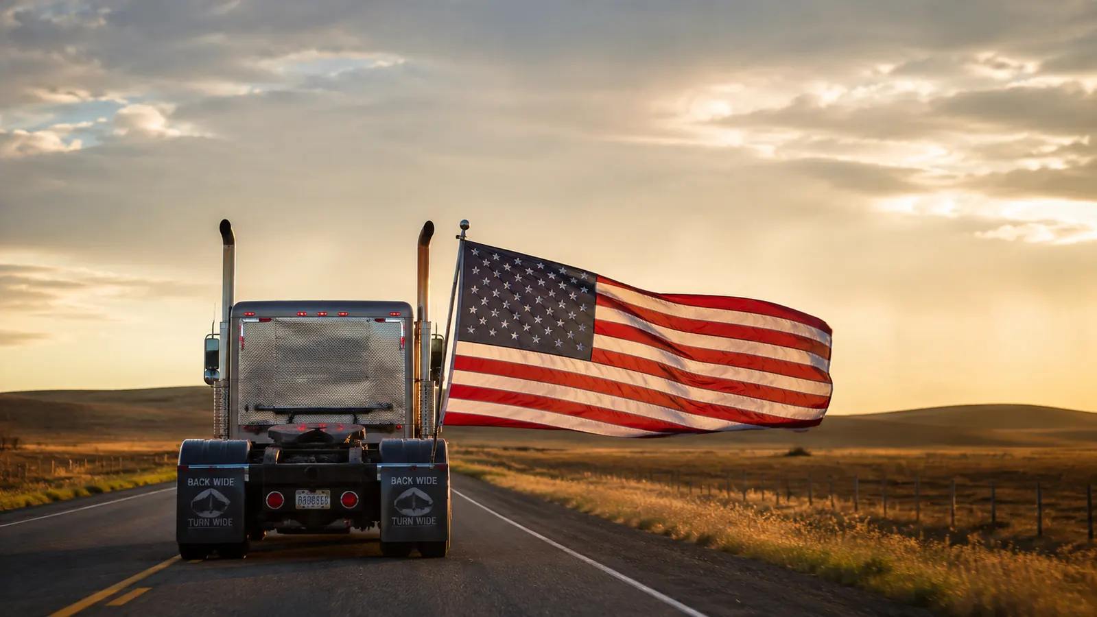 American flag flying fully extended behind a semi truck on the interstate, hitch mount visible near the rear bumper