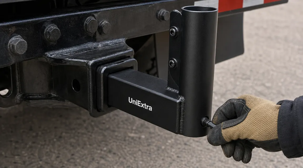 Close-up of the UniExtra hitch mount receiver tube and set screw hardware, showing the black powder coat finish and steel construction