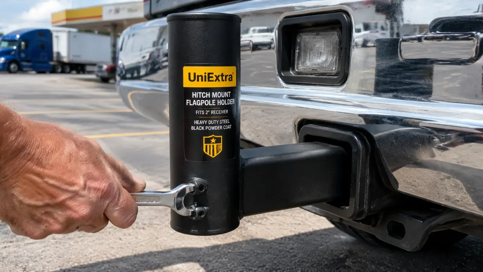Hands tightening the set screws on a black steel hitch receiver flagpole holder at the rear bumper of a semi truck