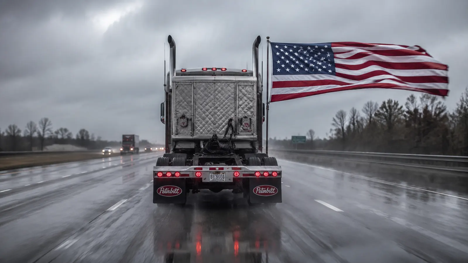 American flag flying flat and taut behind a semi truck at highway speed, dark sky and rain visible in background