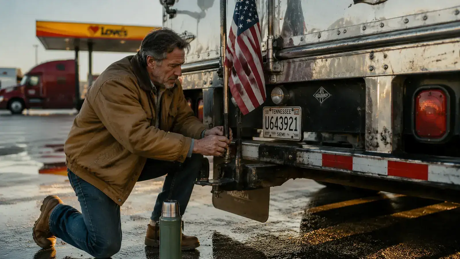 Trucker checking the hitch mount flag holder after arriving at a Memphis truck stop, flag still attached and hardware tight