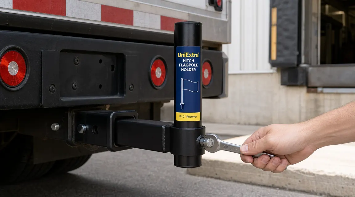 UniExtra hitch mount flagpole holder installed in a 2-inch receiver on a semi truck, close-up showing the black steel bracket and locking screws