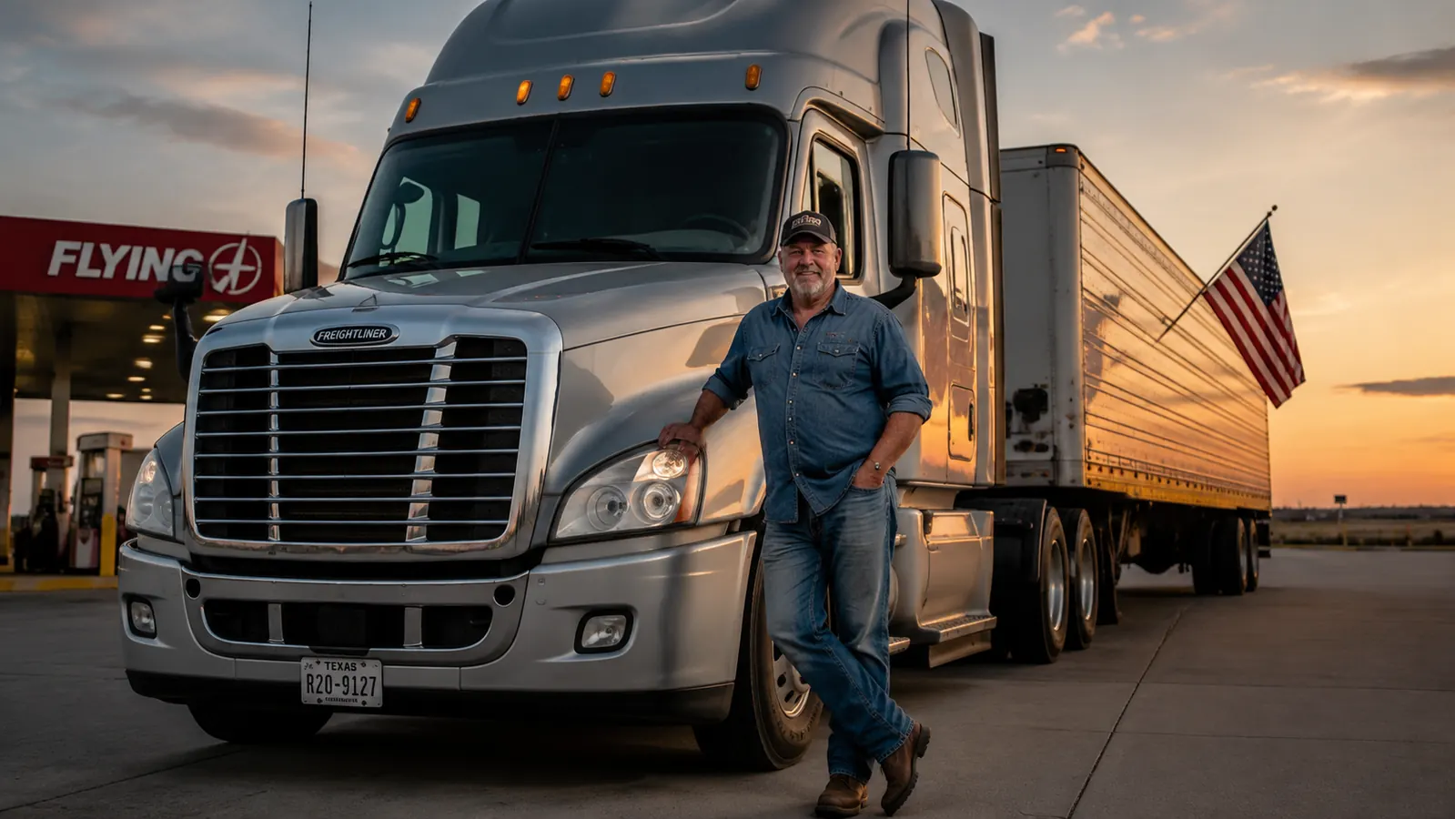 OTR trucker standing next to his Freightliner at a truck stop, American flag flying from the hitch mount visible behind him